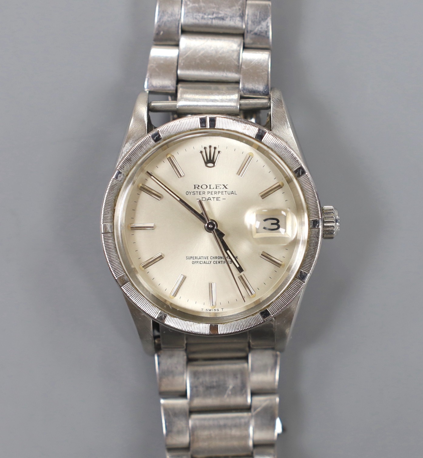 A gentleman's 1980's stainless steel Rolex Oyster Perpetual Date wrist watch, on an associated stainless steel bracelet, no box or papers